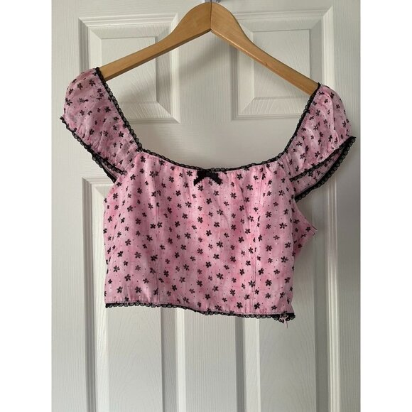SHEIN Tops - Pink Floral Lace Trim Crop Top Smocked Back Babydoll Y2K Cottagecore Size S/M